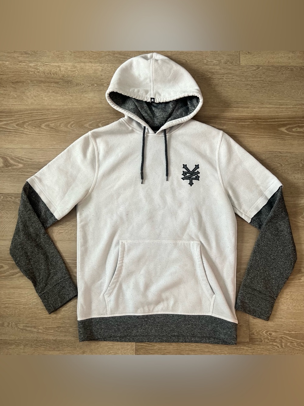 Zoo York White Hoodie with Dark Gray Layered Sleeves